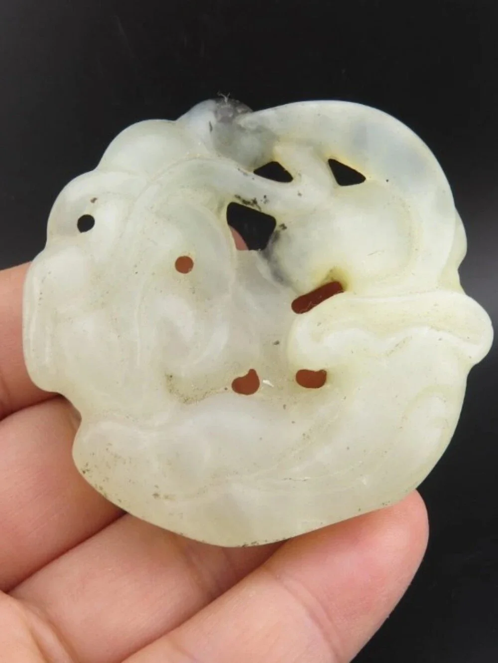 Rare Carved White Jade Fairy Pendant with Black Veining
